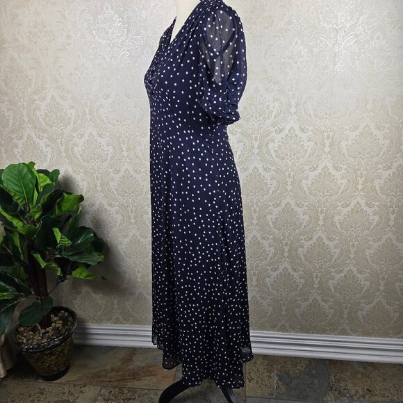 DKNY Size 4 Navy Blue Midi Dress White Polka Dots Vneck Sheer Ruched Sleeves - Picture 7 of 15